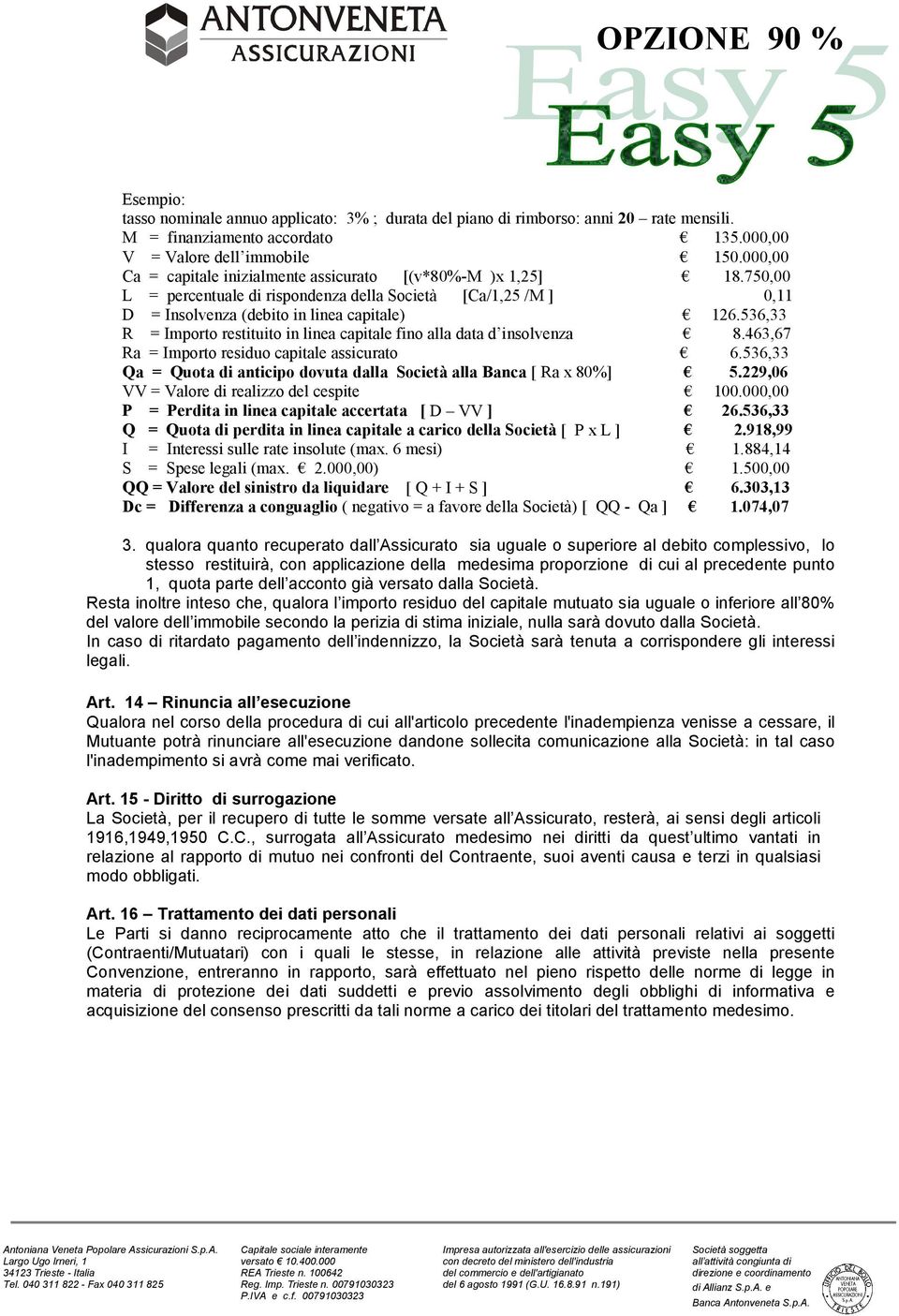 536,33 R = Importo restituito in linea capitale fino alla data d insolvenza 8.463,67 Ra = Importo residuo capitale assicurato 6.