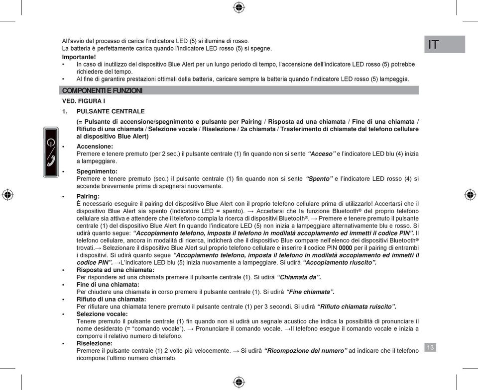 Al fine di garantire prestazioni ottimali della batteria, caricare sempre la batteria quando l indicatore LED rosso (5) lampeggia. COMPONENTI E FUNZIONI VED. FIGURA I 1.