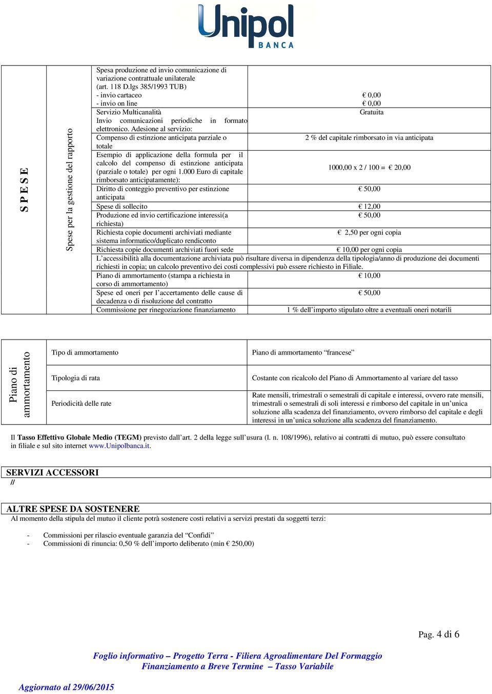 Adesione al servizio: Compenso di estinzione anticipata parziale o totale Esempio di applicazione della formula per il calcolo del compenso di estinzione anticipata (parziale o totale) per ogni 1.