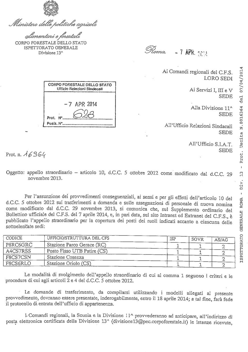 Per l'assunzione dei provvedimenti conseguenziali, ai sensi e per gli effetti dell'articolo 0 de] d.c.c. 5 ottobre 0 sui trasferimenti a domanda e sulle assegnazioni di personale di.