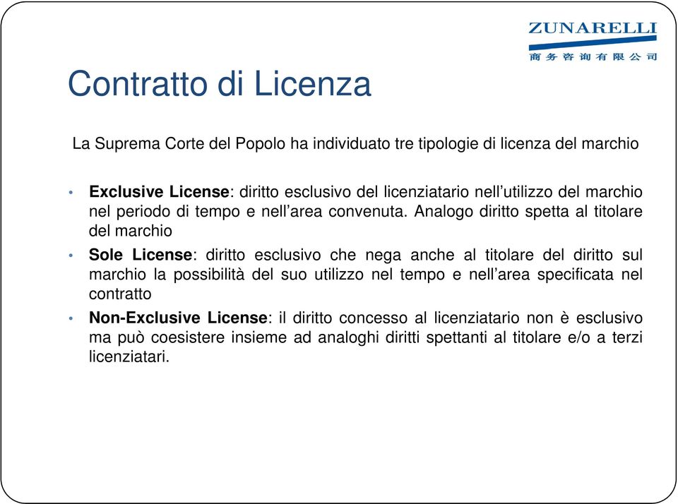 Analogo diritto spetta al titolare del marchio Sole License: diritto esclusivo che nega anche al titolare del diritto sul marchio la possibilità del