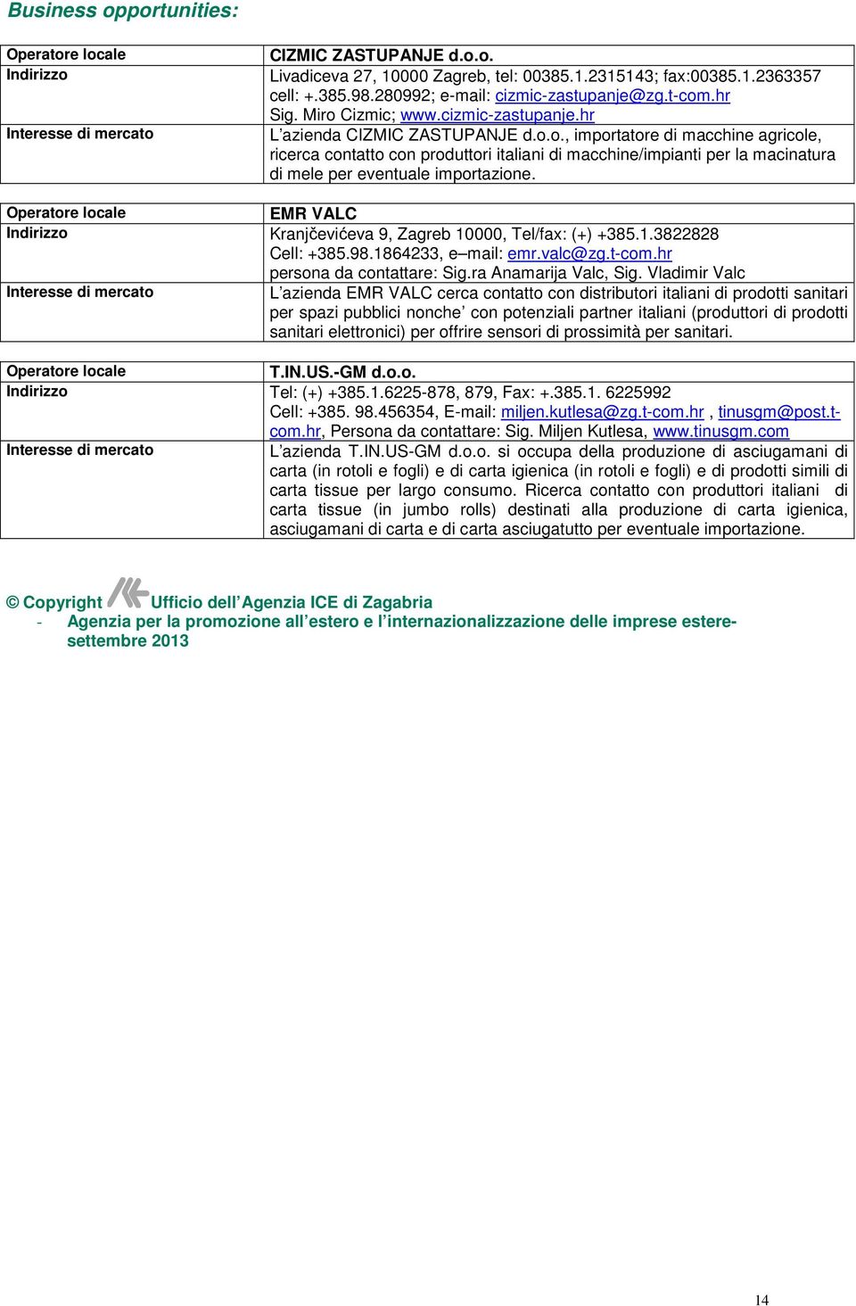 Operatore locale EMR VALC Indirizzo Kranjčevićeva 9, Zagreb 10000, Tel/fax: (+) +385.1.3822828 Cell: +385.98.1864233, e mail: emr.valc@zg.t-com.hr persona da contattare: Sig.ra Anamarija Valc, Sig.