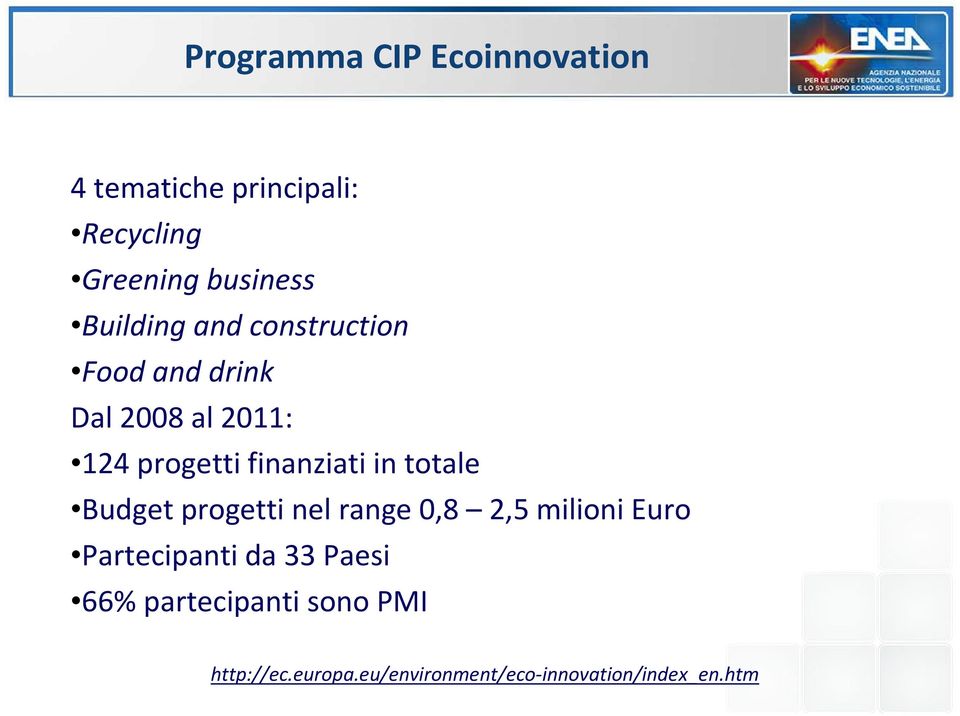 in totale Budget progetti nel range 0,8 2,5 milioni Euro Partecipanti da 33 Paesi