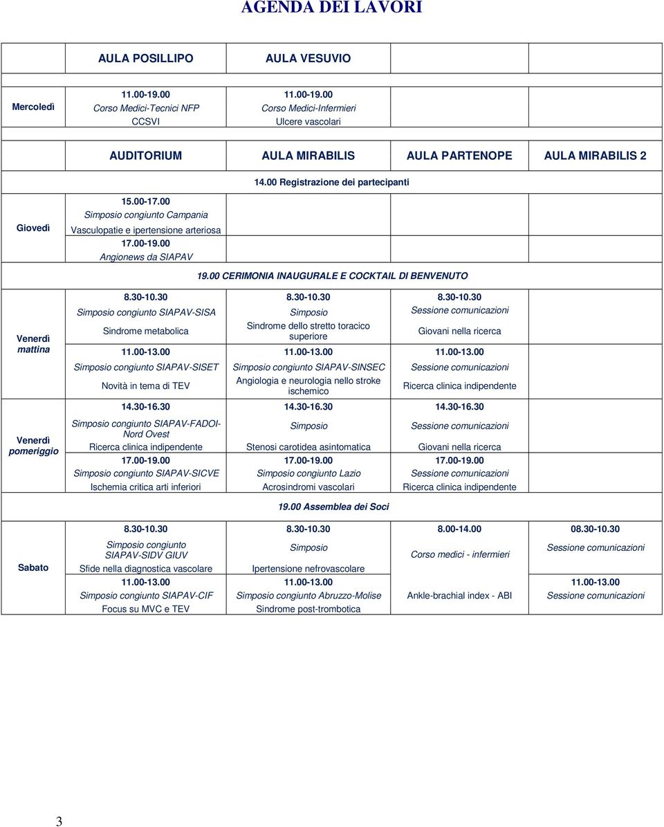 00 Simposio congiunto Campania Vasculopatie e ipertensione arteriosa 17.00-19.00 Angionews da SIAPAV 19.00 CERIMONIA INAUGURALE E COCKTAIL DI BENVENUTO Venerdì mattina 8.30-10.