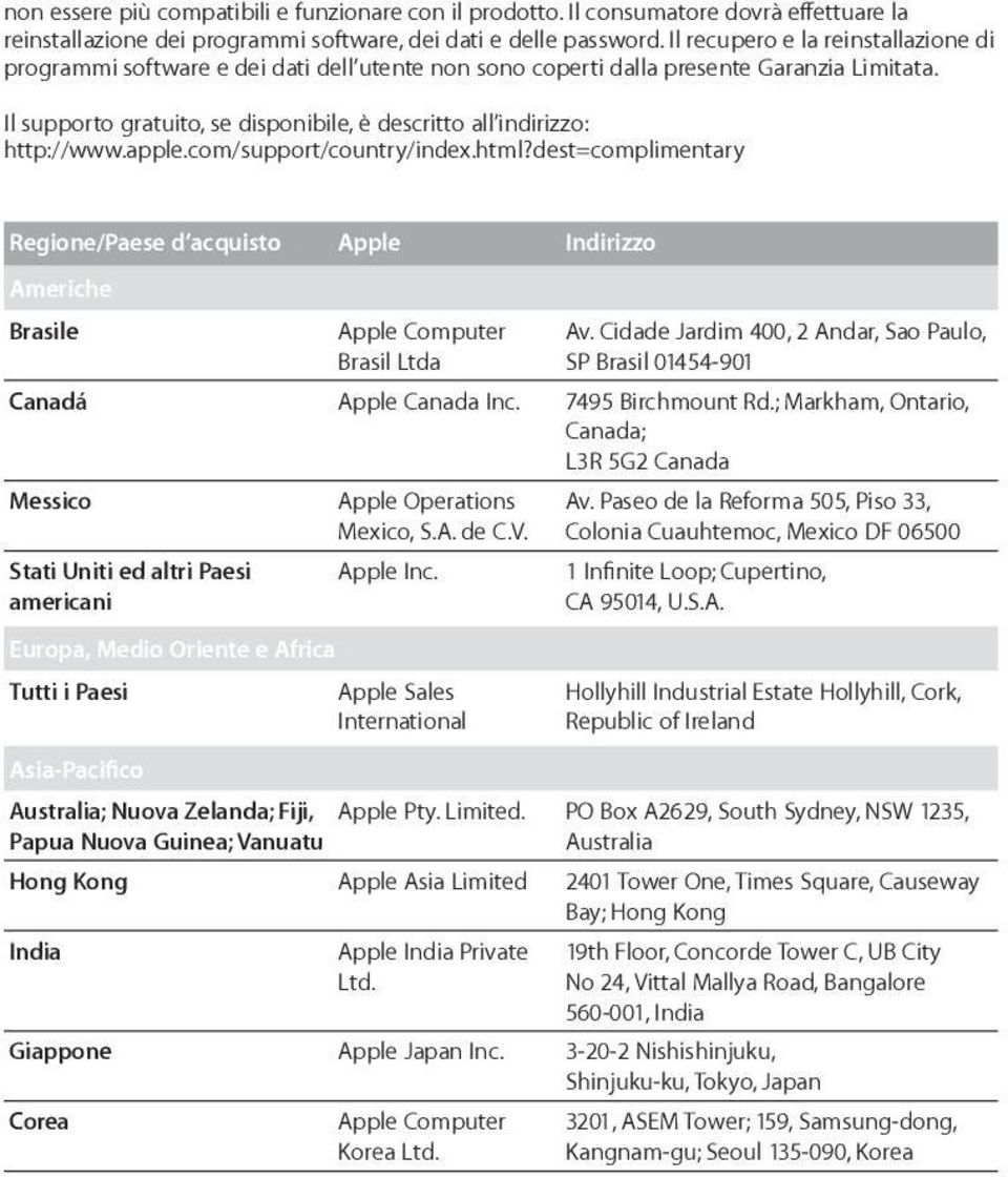 Il supporto gratuito, se disponibile, è descritto all indirizzo: http://www.apple.com/support/country/index.html?