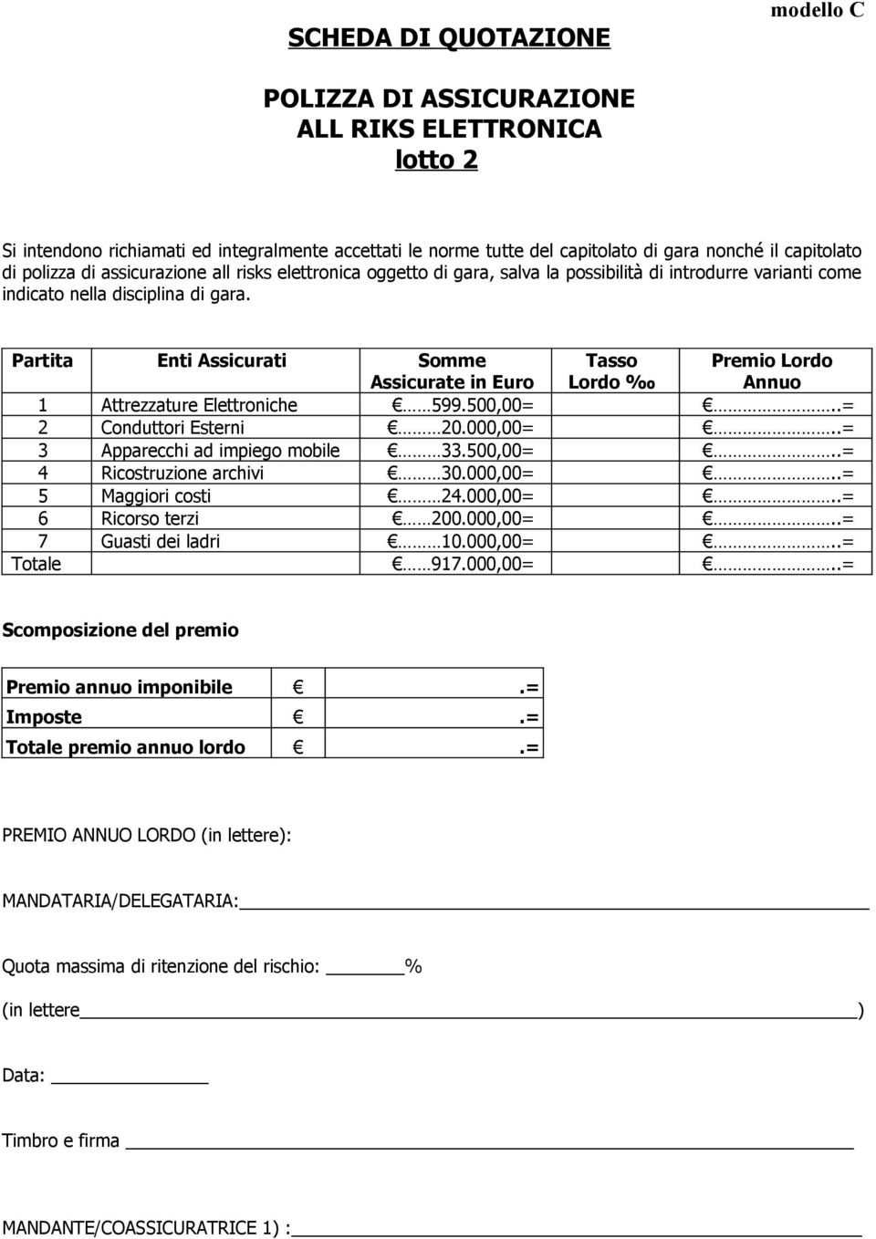 Partita Enti Assicurati Somme Assicurate in Euro Tasso Lordo Premio Lordo Annuo 1 Attrezzature Elettroniche 599.500,00=..= 2 Conduttori Esterni 20.000,00=..= 3 Apparecchi ad impiego mobile 33.500,00=..= 4 Ricostruzione archivi 30.