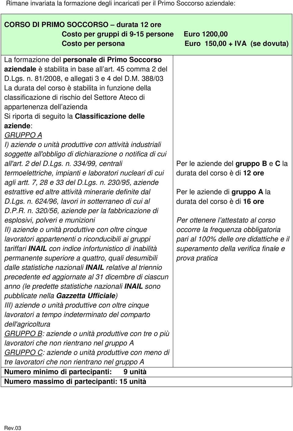 388/03 La durata del corso è stabilita in funzione della classificazione di rischio del Settore Ateco di appartenenza dell azienda Si riporta di seguito la Classificazione delle aziende: GRUPPO A I)