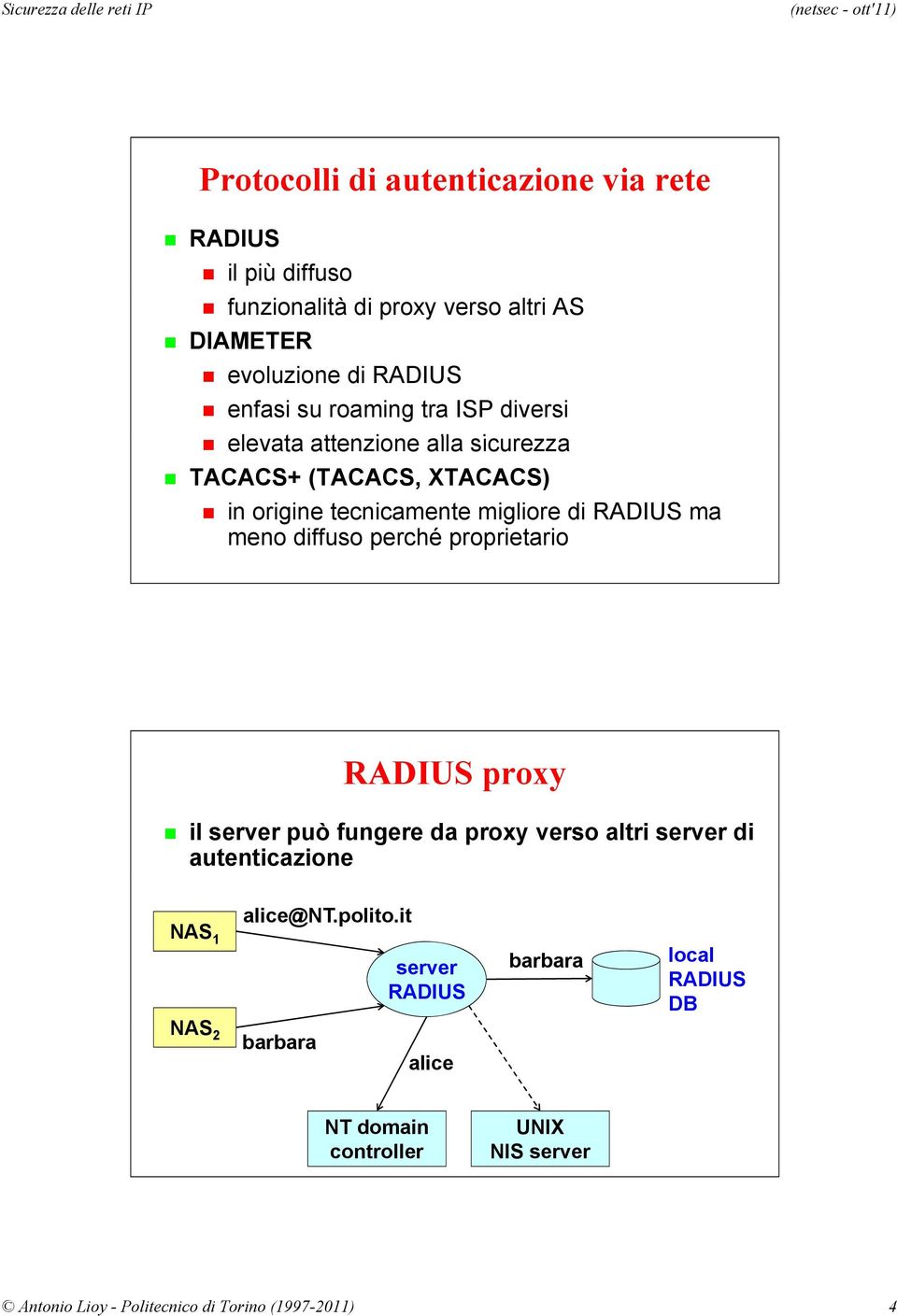 diffuso perché proprietario RADIUS proxy il server può fungere da proxy verso altri server di autenticazione alice@nt.polito.