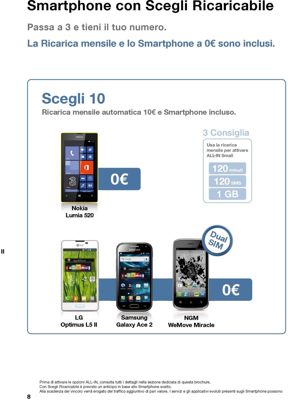 3 Consiglia Usa la ricarica mensile per attivare ALL-IN Small Nokia Lumia 520 0 0 120 minuti 120 SMS 1 GB II Dual SIM 0 0 LG Optimus L5 II Samsung Galaxy Ace 2 NGM WeMove