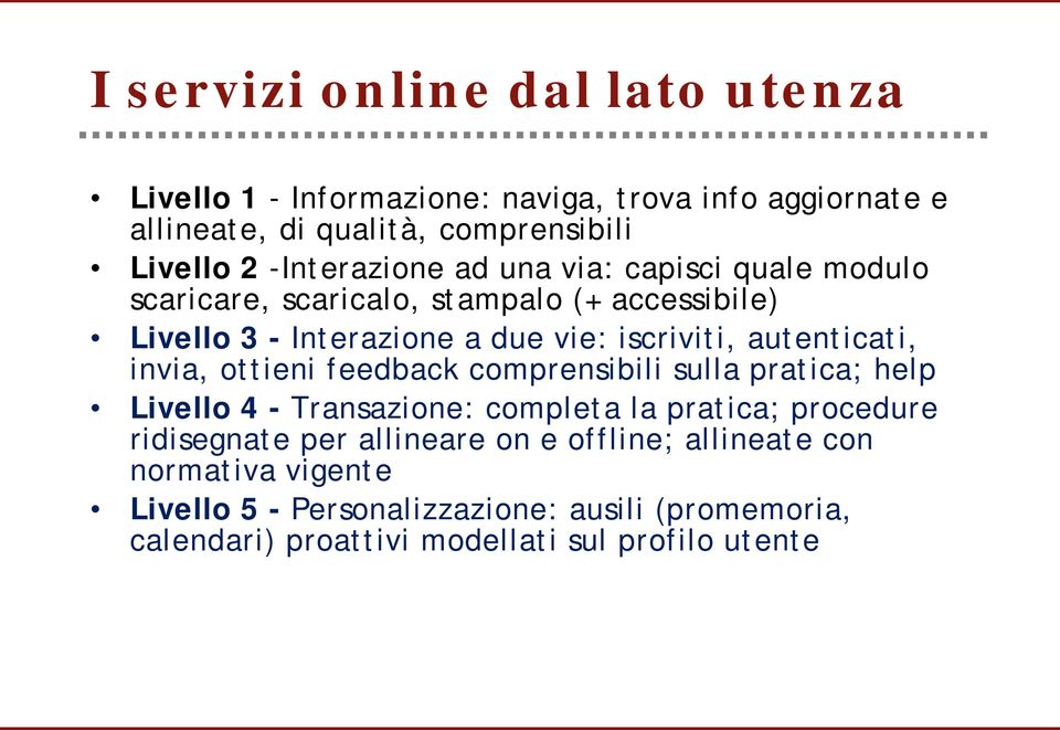 autenticati, invia, ottieni feedback comprensibili sulla pratica; help Livello 4 - Transazione: completa la pratica; procedure ridisegnate per