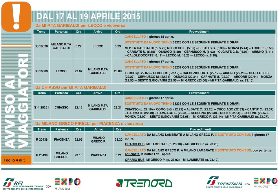 (5.55) OSNAGO (5.59) CERNUSCO M. (6.03) OLGIATE C.B. ( 6.07) AIRUNO (6.11) CALOLZIOCORTE (6.17) LECCO M. ( 6.23) LECCO (a. 6.28).