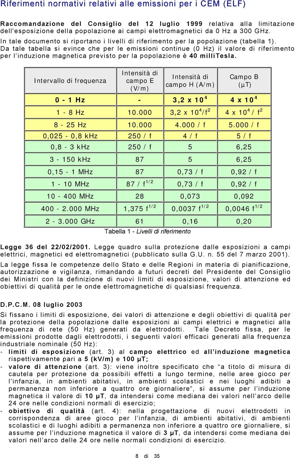 Da tale tabella si evince che per le emissioni continue (0 Hz) il valore di riferimento per l induzione magnetica previsto per la popolazione è 40 millitesla.