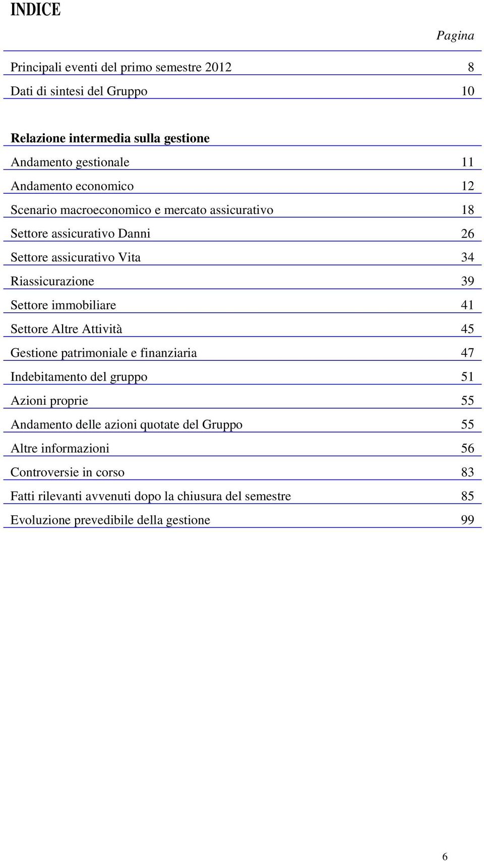 Settore immobiliare 41 Settore Altre Attività 45 Gestione patrimoniale e finanziaria 47 Indebitamento del gruppo 51 Azioni proprie 55 Andamento delle azioni