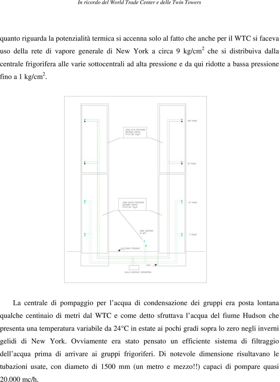 La centrale di pompaggio per l acqua di condensazione dei gruppi era posta lontana qualche centinaio di metri dal WTC e come detto sfruttava l acqua del fiume Hudson che presenta una temperatura