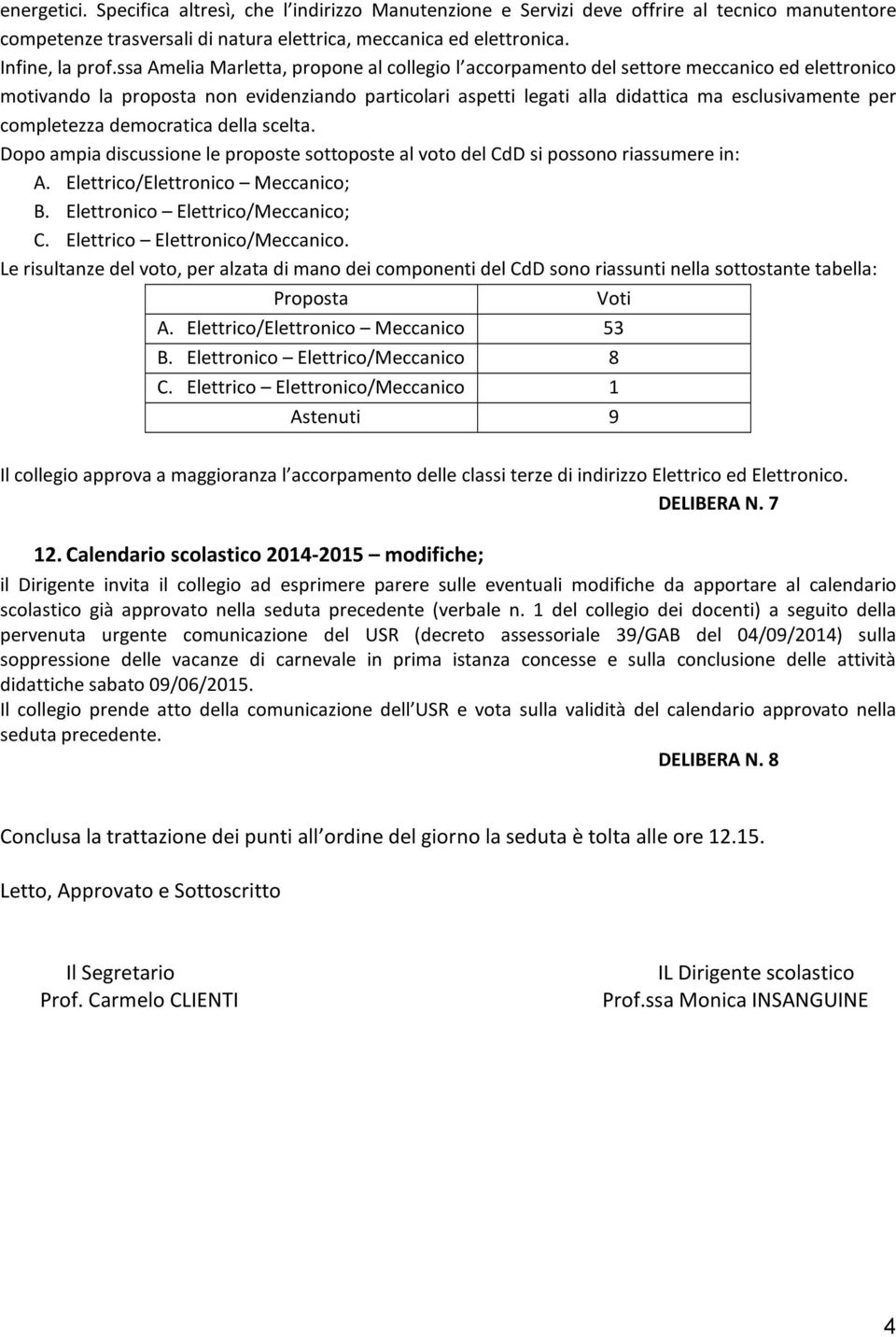 completezza democratica della scelta. Dopo ampia discussione le proposte sottoposte al voto del CdD si possono riassumere in: A. Elettrico/Elettronico Meccanico; B. Elettronico Elettrico/Meccanico; C.