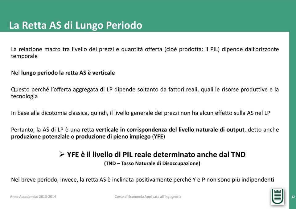 alcun effetto sulla AS nel LP Pertanto, la AS di LP è una retta verticale in corrispondenza del livello naturale di output, detto anche produzione potenziale o produzione di pieno impiego (YFE)