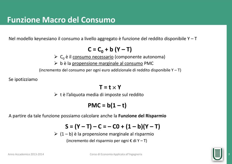 disponibile Y T) Se ipotizziamo T = t Y t è l aliquota media di imposte sul reddito PMC = b(1 t) A partire da tale funzione possiamo calcolare