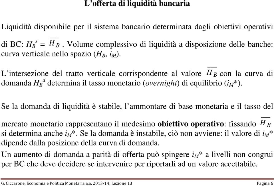 L intersezione del tratto verticale corrispondente al valore H B con la curva di domanda H d B determina il tasso monetario (overnight) di equilibrio (i M *).