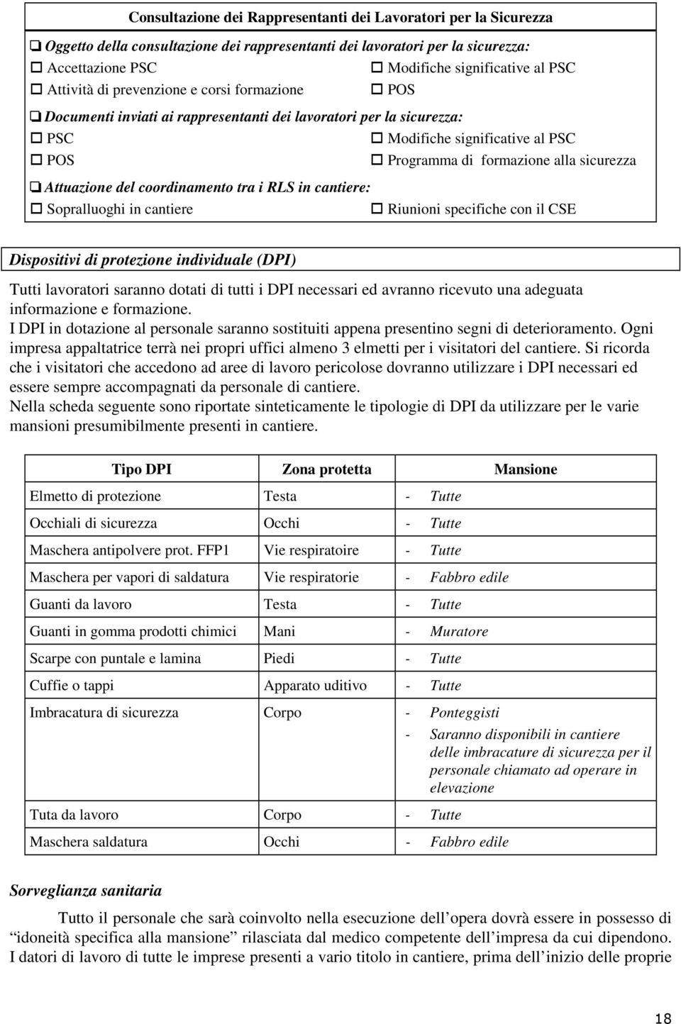 Attuazione del coordinamento tra i RLS in cantiere: Sopralluoghi in cantiere Riunioni specifiche con il CSE Dispositivi di protezione individuale (DPI) Tutti lavoratori saranno dotati di tutti i DPI