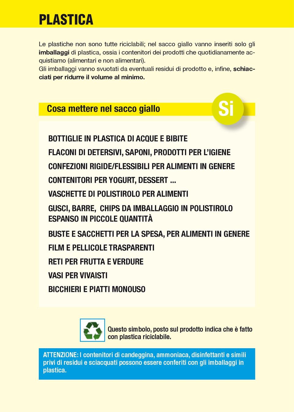 Cosa mettere nel sacco giallo Si BOTTIGLIE IN PLASTICA DI ACQUE E BIBITE FLACONI DI DETERSIVI, SAPONI, PRODOTTI PER L IGIENE CONFEZIONI RIGIDE/FLESSIBILI PER ALIMENTI IN GENERE CONTENITORI PER