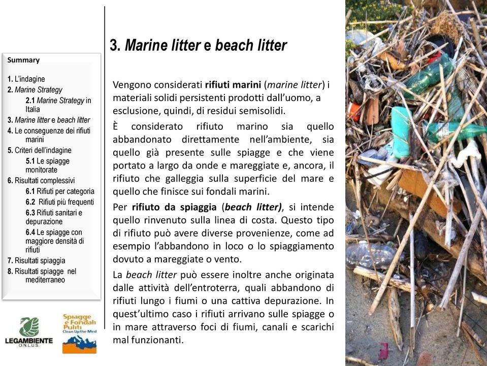 galleggia sulla superficie del mare e quello che finisce sui fondali. Per rifiuto da spiaggia (beach litter), si intende quello rinvenuto sulla linea di costa.