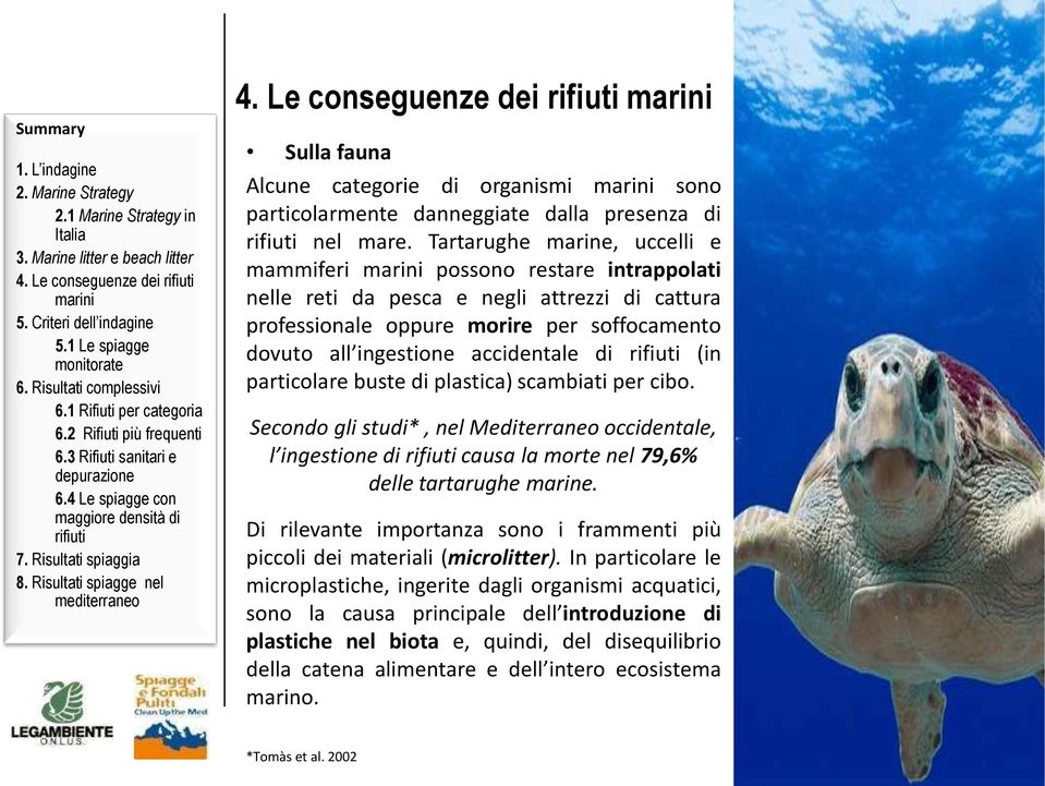 (in particolare buste di plastica) scambiati per cibo. Secondo gli studi*, nel Mediterraneo occidentale, l ingestione di causa la morte nel 79,6% delle tartarughe marine.