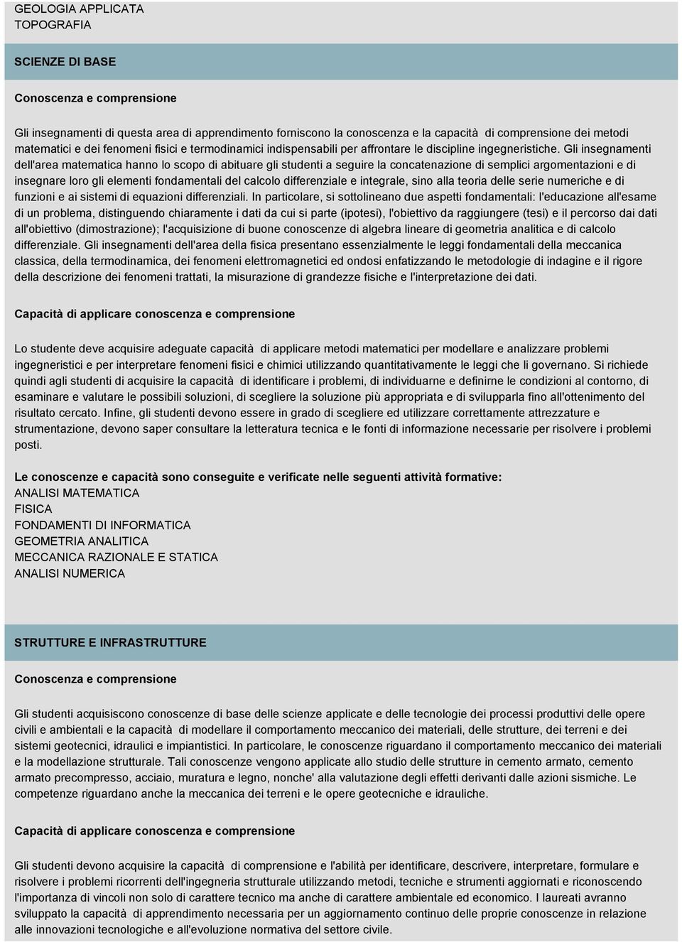 Gli insegnamenti dell'area matematica hanno lo scopo di abituare gli studenti a seguire la concatenazione di semplici argomentazioni e di insegnare loro gli elementi fondamentali del calcolo