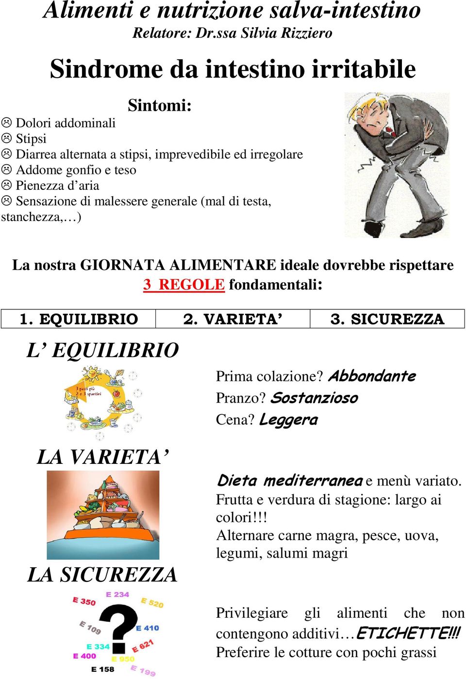 Sensazione di malessere generale (mal di testa, stanchezza, ) La nostra GIORNATA ALIMENTARE ideale dovrebbe rispettare 3 REGOLE fondamentali: 1. EQUILIBRIO 2. VARIETA 3.