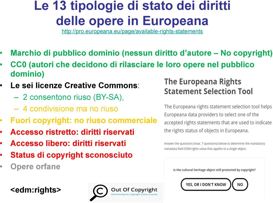 di rilasciare le loro opere nel pubblico dominio) Le sei licenze Creative Commons: 2 consentono riuso (BY-SA), 4 condivisione ma