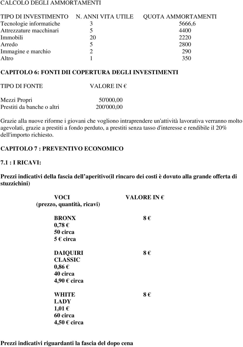 DEGLI INVESTIMENTI TIPO DI FONTE VALORE IN Mezzi Propri Prestiti da banche o altri 50'000,00 200'000,00 Grazie alla nuove riforme i giovani che vogliono intraprendere un'attività lavorativa verranno