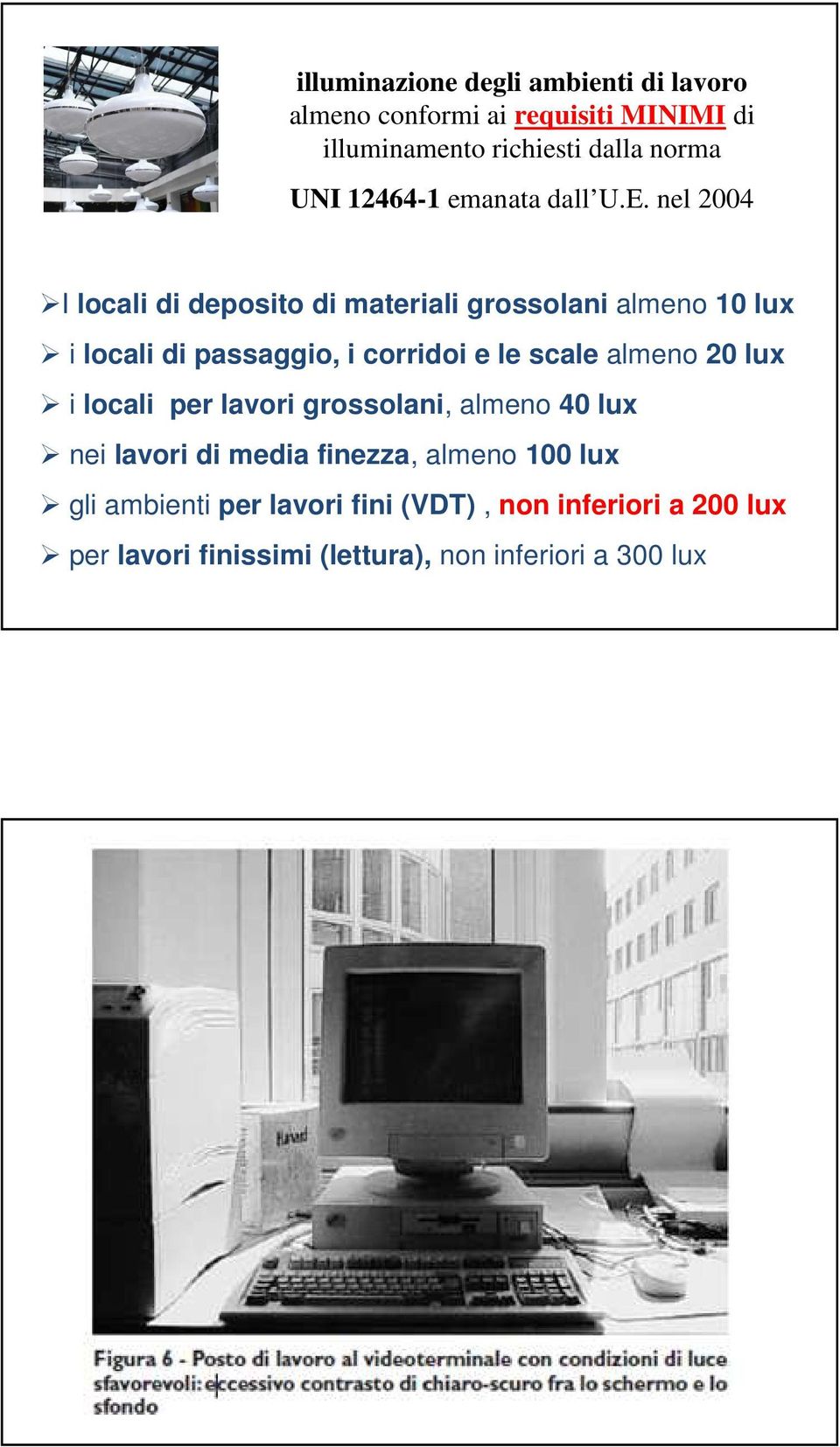 nel 2004 I locali di deposito di materiali grossolani almeno 10 lux i locali di passaggio, i corridoi e le scale