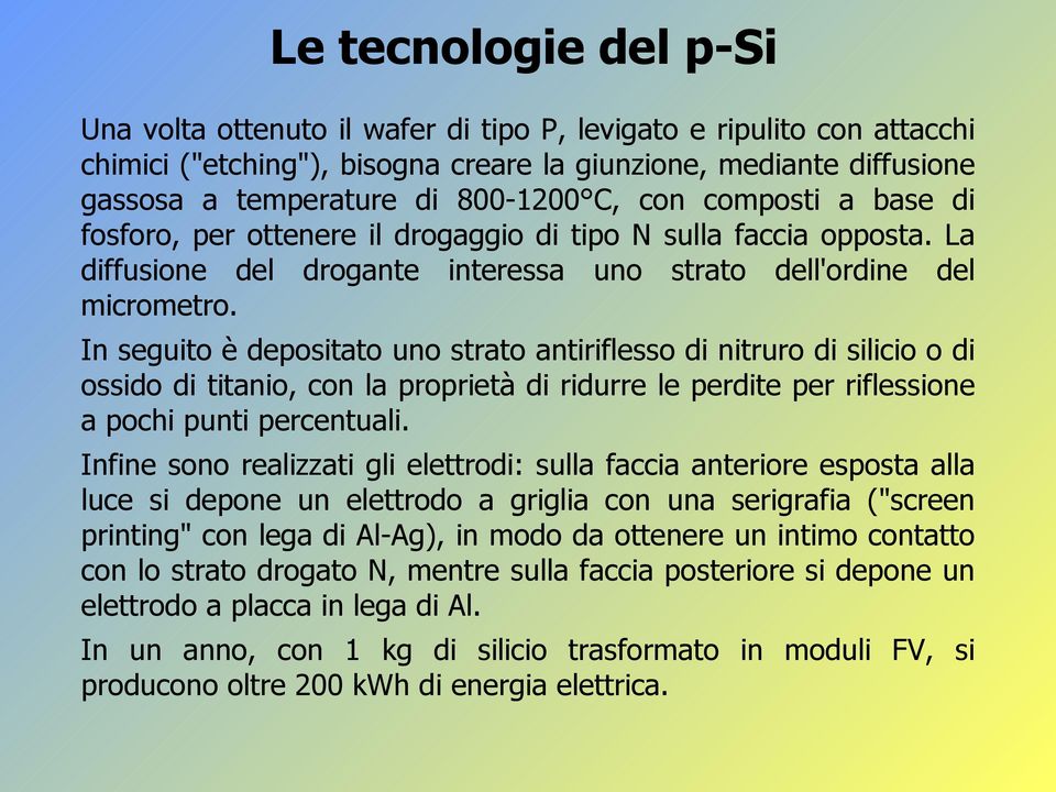 In seguito è depositato uno strato antiriflesso di nitruro di silicio o di ossido di titanio, con la proprietà di ridurre le perdite per riflessione a pochi punti percentuali.