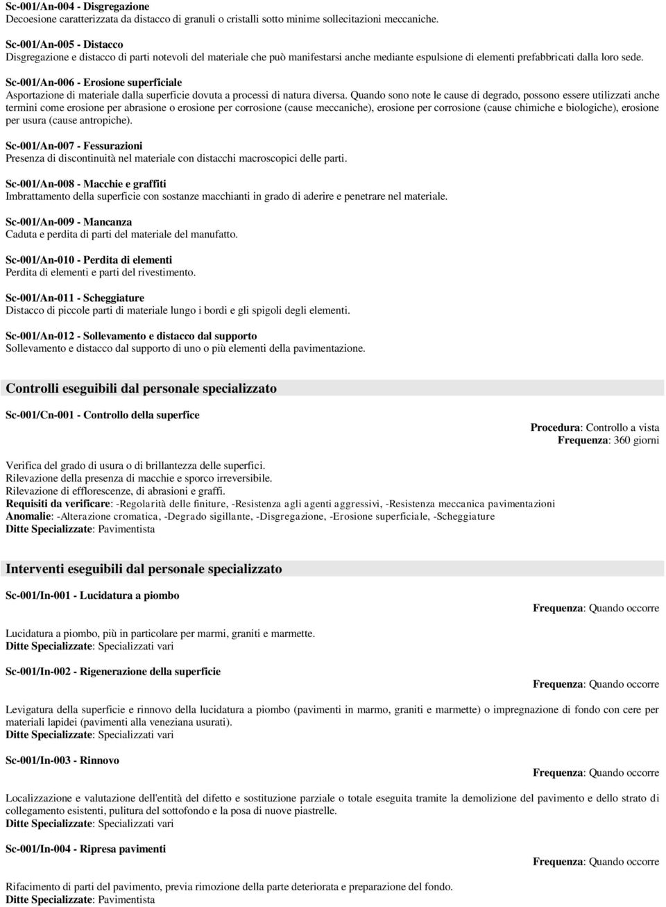 Sc-001/An-006 - Erosione superficiale Asportazione di materiale dalla superficie dovuta a processi di natura diversa.