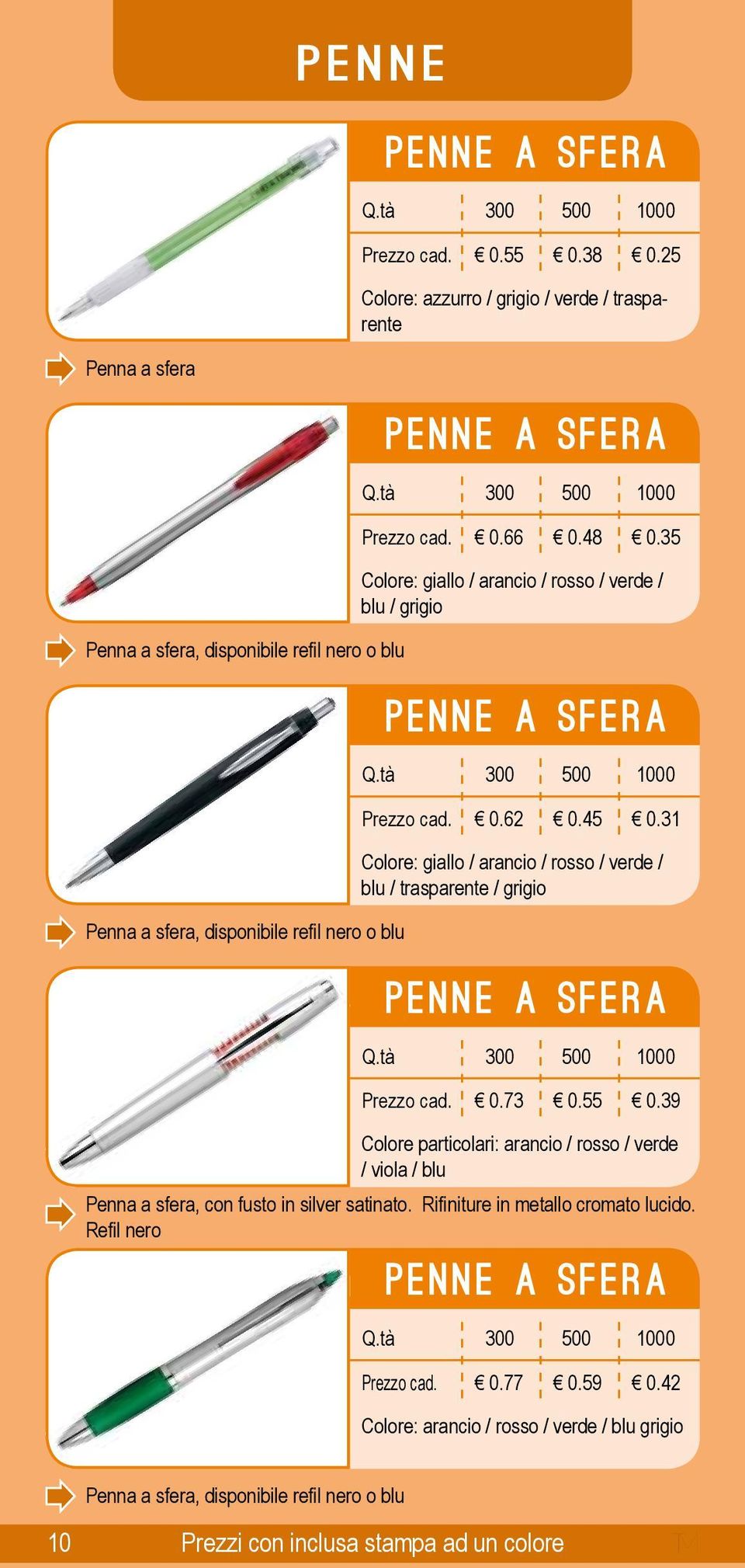 31 Penna a sfera, disponibile refil nero o blu Colore: giallo / arancio / rosso / verde / blu / trasparente / grigio 0 0.73 0.55 0.