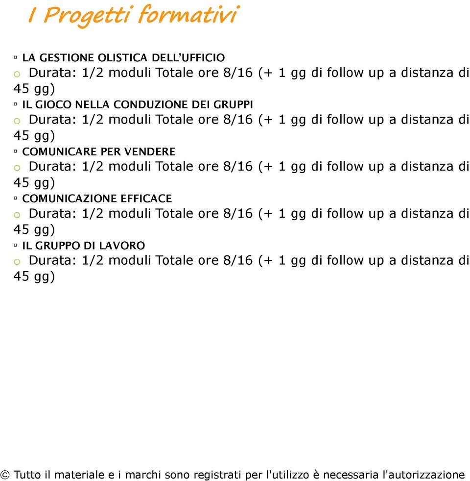 Durata: 1/2 moduli Totale ore 8/16 45 gg) IL GRUPPO DI LAVORO o Durata: 1/2 moduli Totale ore 8/16 45 gg) (+ 1 gg di follow up a distanza