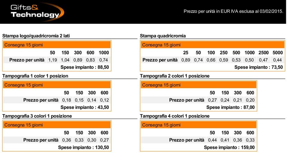 Stampa quadricromia 25 2500 5000 Prezzo per unità 0,89 0,74 0,66 0,59 0,53 0,50 0,47 0,44 Spese impianto : 73,50