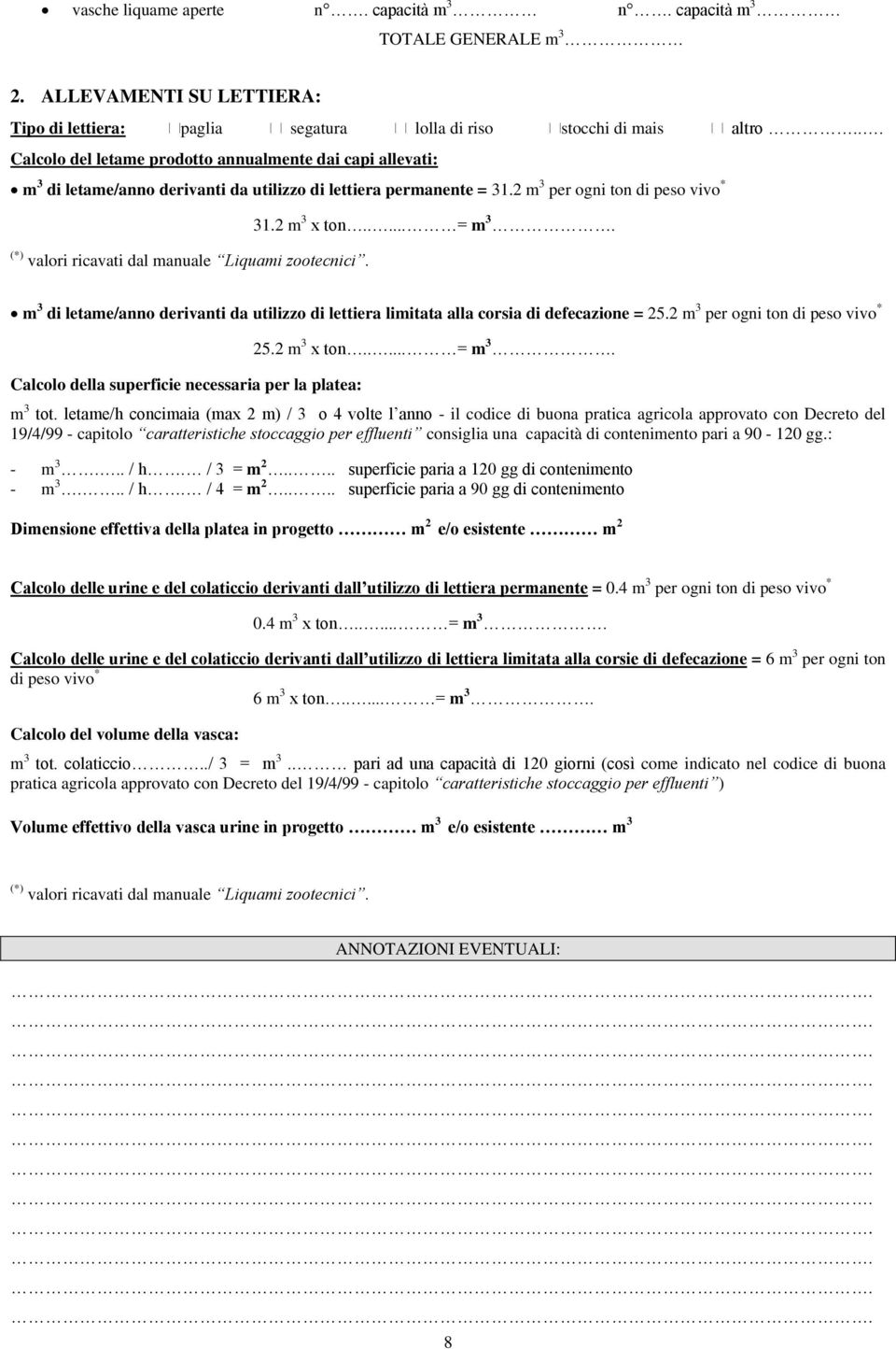 (*) valori ricavati dal manuale Liquami zootecnici. m 3 di letame/anno derivanti da utilizzo di lettiera limitata alla corsia di defecazione = 25.