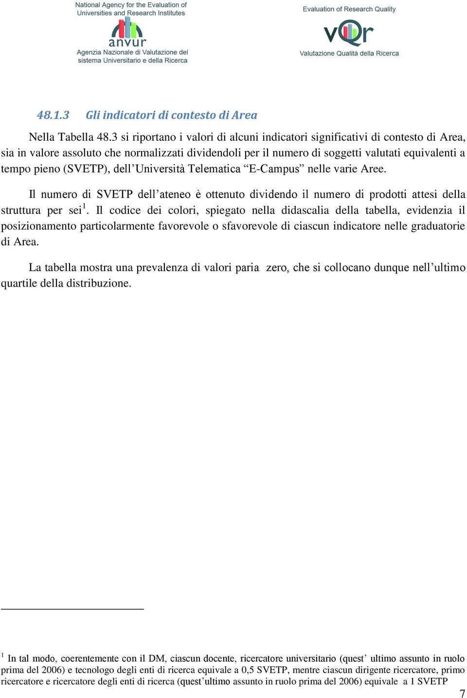 (SVETP), dell Università Telematica E-Campus nelle varie Aree. Il numero di SVETP dell ateneo è ottenuto dividendo il numero di prodotti attesi della struttura per sei 1.