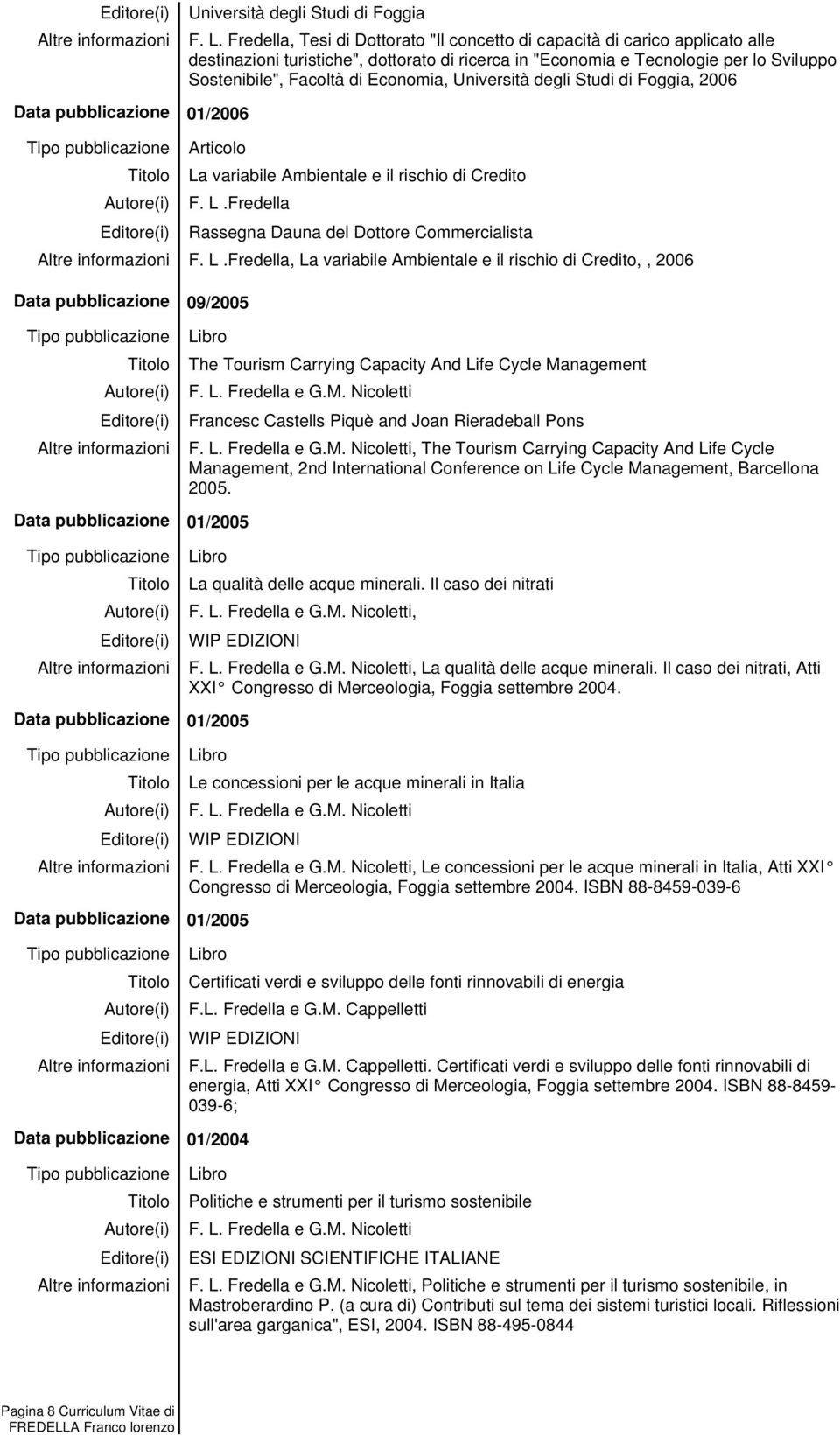 Economia, Università degli Studi di Foggia, 2006 01/2006 Articolo La variabile Ambientale e il rischio di Credito F. L.Fredella Rassegna Dauna del Dottore Commercialista F. L.Fredella, La variabile Ambientale e il rischio di Credito,, 2006 09/2005 The Tourism Carrying Capacity And Life Cycle Management F.