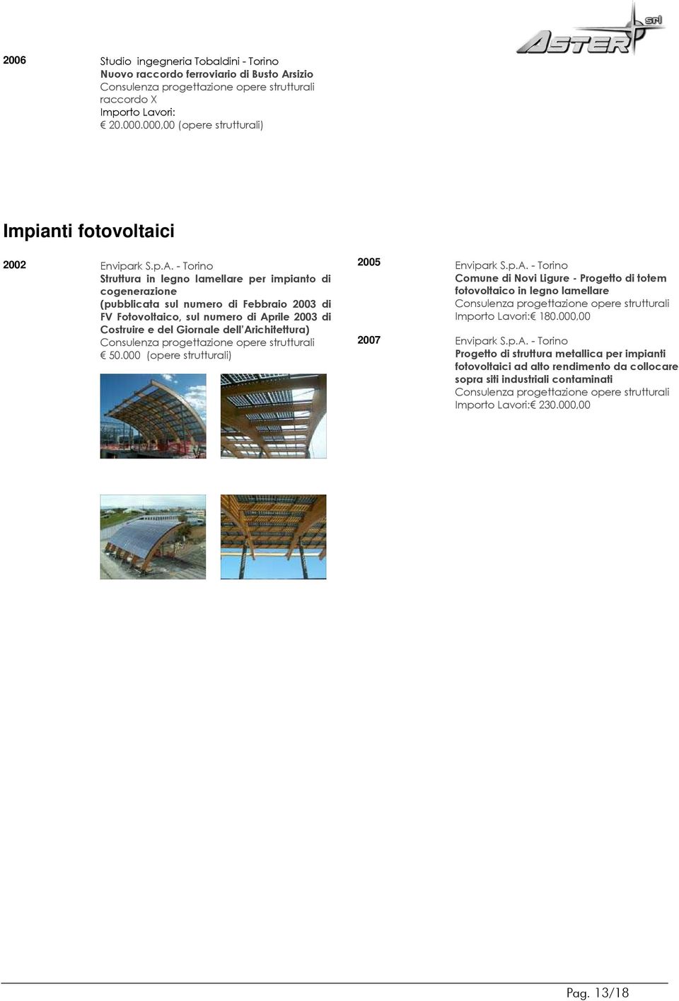 - Struttura in legno lamellare per impianto di cogenerazione (pubblicata sul numero di Febbraio 2003 di FV Fotovoltaico, sul numero di Aprile 2003 di Costruire e del Giornale dell Arichitettura)