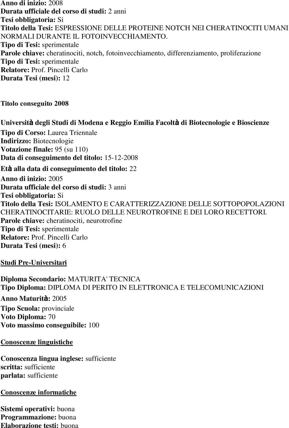 Pincelli Carlo Durata Tesi (mesi): 12 Titolo conseguito 2008 Università degli Studi di Modena e Reggio Emilia Facoltà di Biotecnologie e Bioscienze Tipo di Corso: Laurea Triennale Indirizzo: