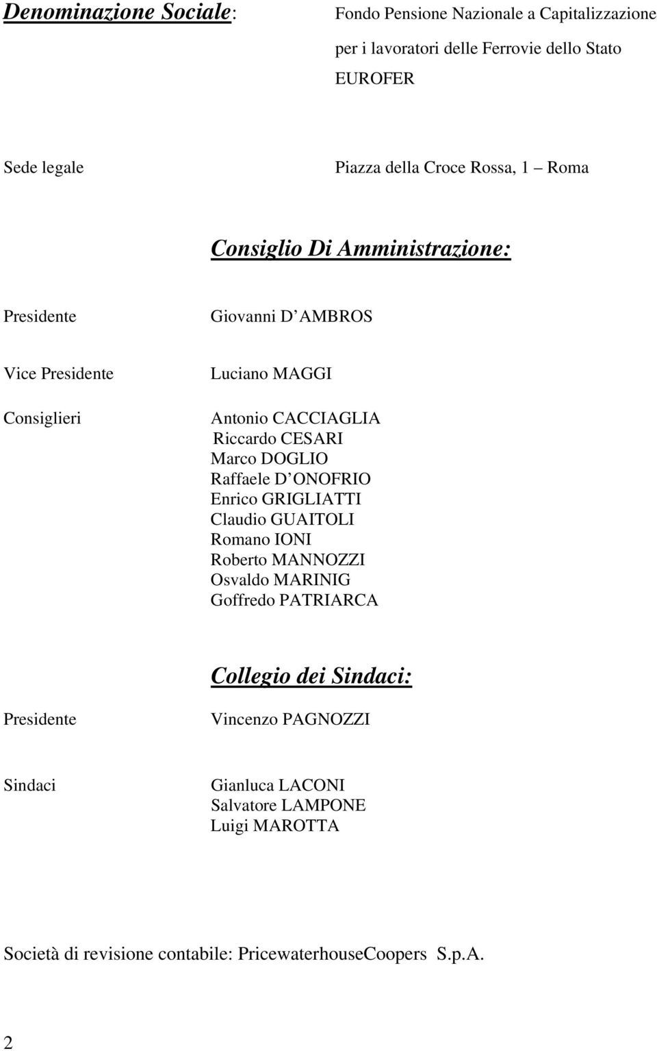 Marco DOGLIO Raffaele D ONOFRIO Enrico GRIGLIATTI Claudio GUAITOLI Romano IONI Roberto MANNOZZI Osvaldo MARINIG Goffredo PATRIARCA Collegio dei