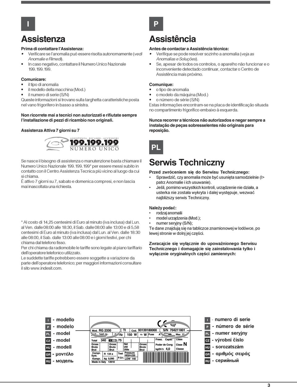 ) il numero di serie (S/N) Queste informazioni si trovano sulla targhetta caratteristiche posta nel vano frigorifero in basso a sinistra.