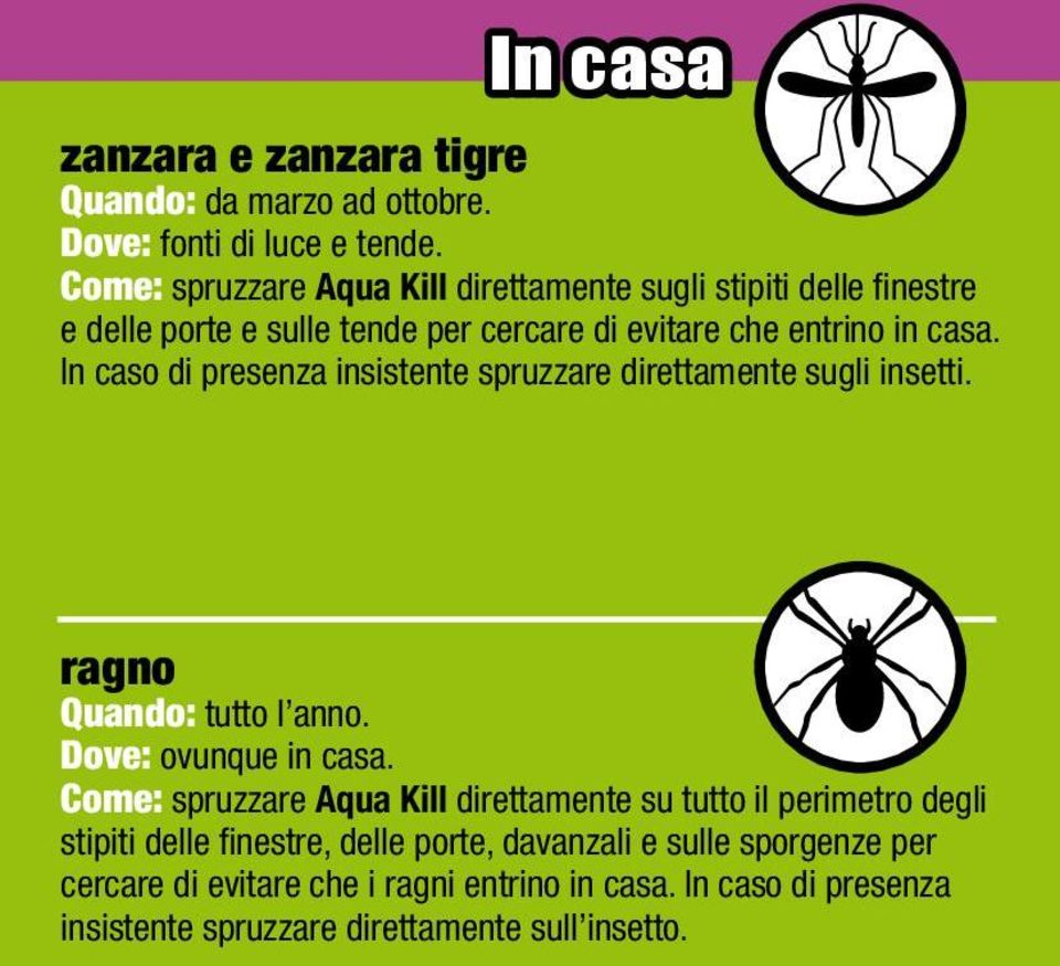 In caso di presenza insistente spruzzare direttamente sugli insetti. ragno Dove: ovunque in casa.