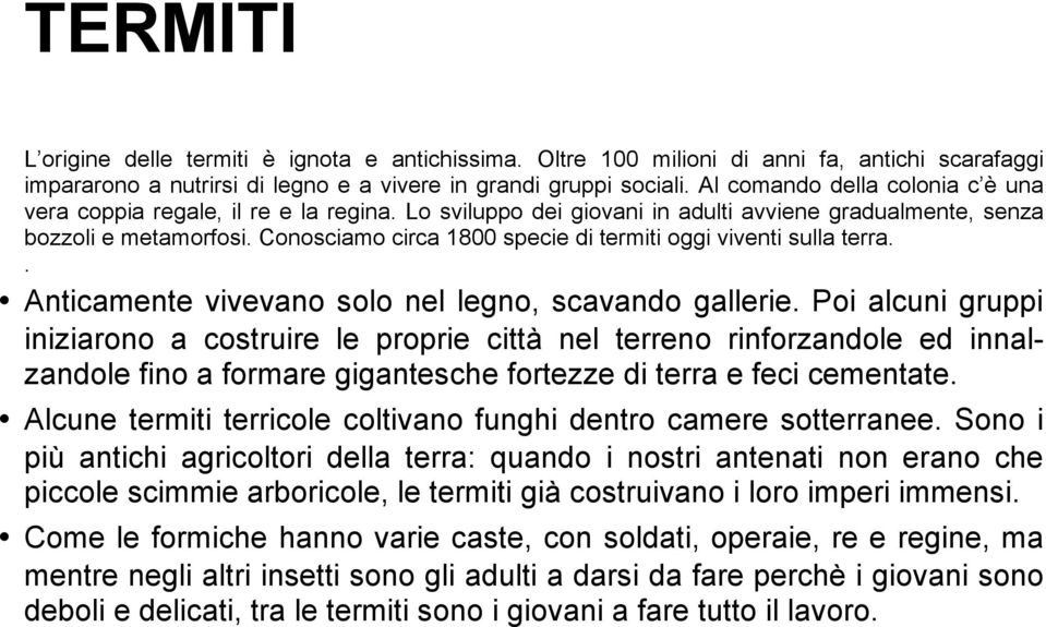 Conosciamo circa 1800 specie di termiti oggi viventi sulla terra.. Anticamente vivevano solo nel legno, scavando gallerie.