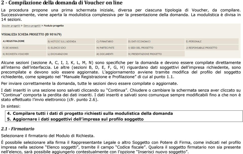 Alcune sezioni (sezione A, C, I, J, K, L, M, N) sono specifiche per la domanda e devono essere compilate direttamente all interno dell interfaccia.