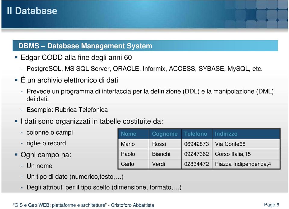 - Esempio: Rubrica Telefonica I dati sono organizzati in tabelle costituite da: - colonne o campi - righe o record Ogni campo ha: - Un nome - Un tipo di dato (numerico,testo, ) Nome