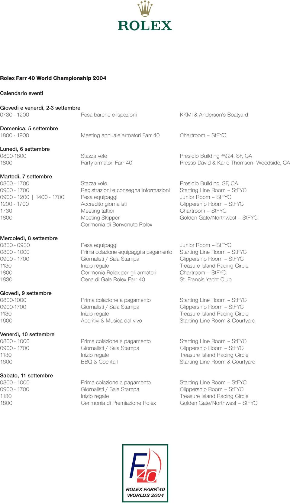 0800-1700 Stazza vele Presidio Building, SF, CA 0900-1700 Registrazioni e consegna informazioni Starting Line Room StFYC 0900-1200 1400-1700 Pesa equipaggi Junior Room StFYC 1200-1700 Accredito