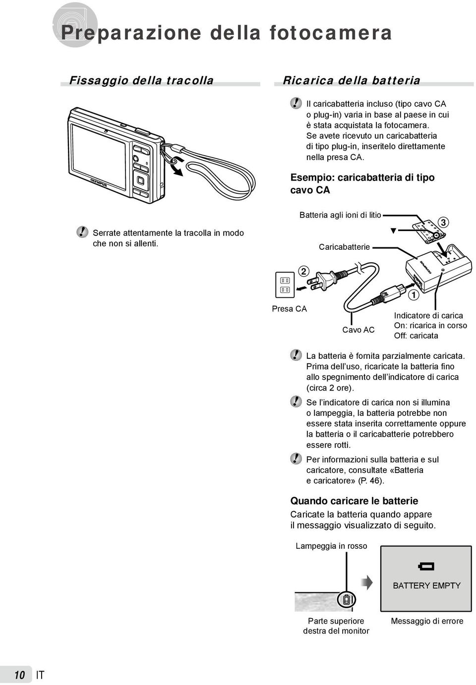 Batteria agli ioni di litio Caricabatterie 3 2 Presa CA Cavo AC 1 Indicatore di carica On: ricarica in corso Off: caricata La batteria è fornita parzialmente caricata.