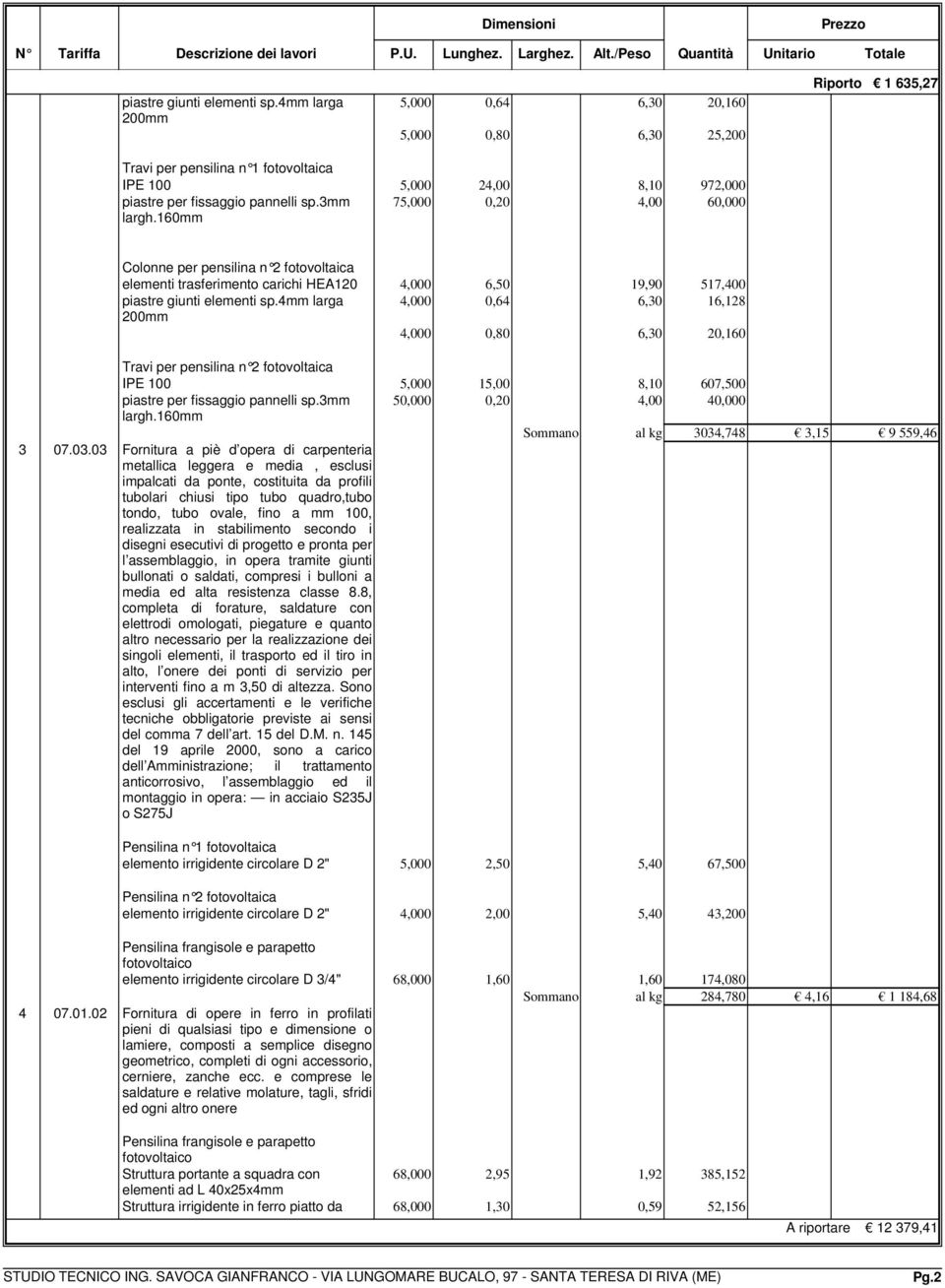 piastre giunti elementi sp.4mm larga 200mm 4,000 6,50 19,90 517,400 4,000 0,64 6,30 16,128 4,000 0,80 6,30 20,160 Travi per pensilina n 2 fotovoltaica IPE 100 piastre per fissaggio pannelli sp.